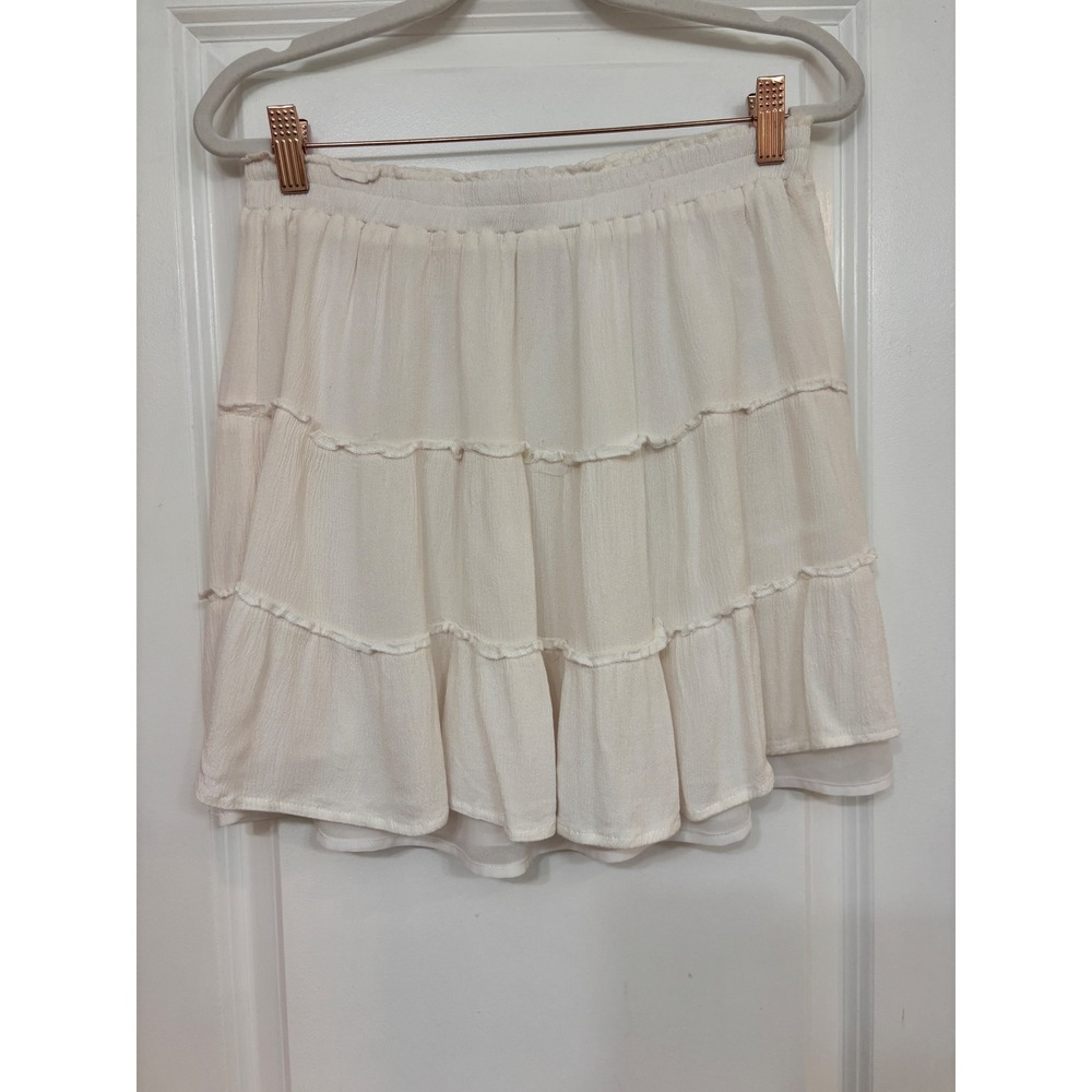 Blue B Collection Cream Tiered Ruffle Mini Skirt Boho Gauze Elastic Waist L